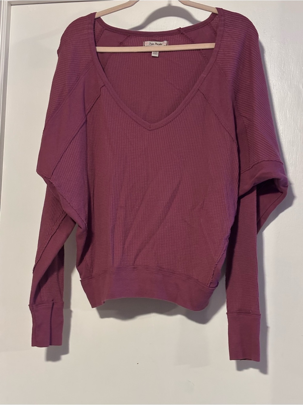 Free People Relaxed Waffle V-Neck Pullover in Dusty Rose